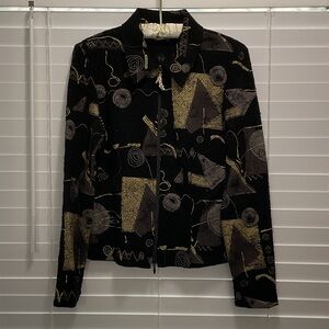 Joseph Ribkoff Black Jacket with Gold & Gray Abstract Motif; Sz. U.S. 12/14